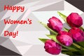 Congratulations on international women`s day on march 8 with tulips in low poly style.